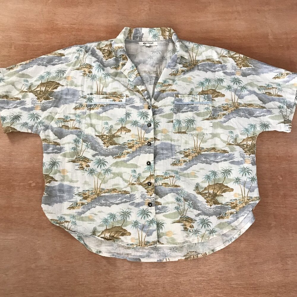 Rip Curl Hawaiian Shirt Men M Blue Floral Button Up Cotton Linen Pocket Collared